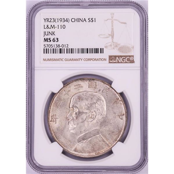 1934 China $1 Junk Silver Dollar Coin NGC MS63 L&M-110