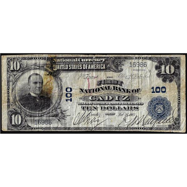 1902 $10 First National Bank of Cadiz Ohio CH# 100 National Currency Note