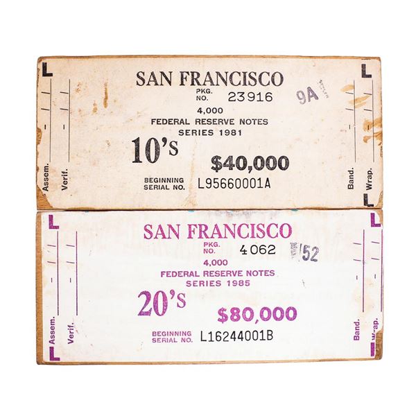 Lot of 1981 $10 & 1985 $20 Federal Reserve Brick Label Ends