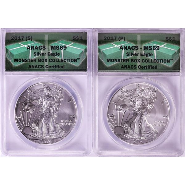 Lot of 2017(P) & 2017(S) $1 American Silver Eagle Coins ANACS MS69