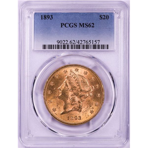 1893 $20 Liberty Head Double Eagle Gold Coin PCGS MS62
