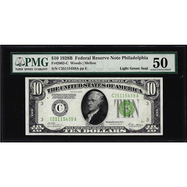 1928B $10 Federal Reserve Note Philadelphia Fr.2002-C PMG About Uncirculated 50 LGS