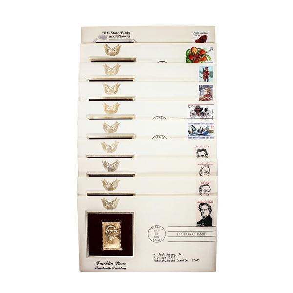 Lot of (10) First Day Of Issue 22KT Gold Replica Stamps in Envelopes
