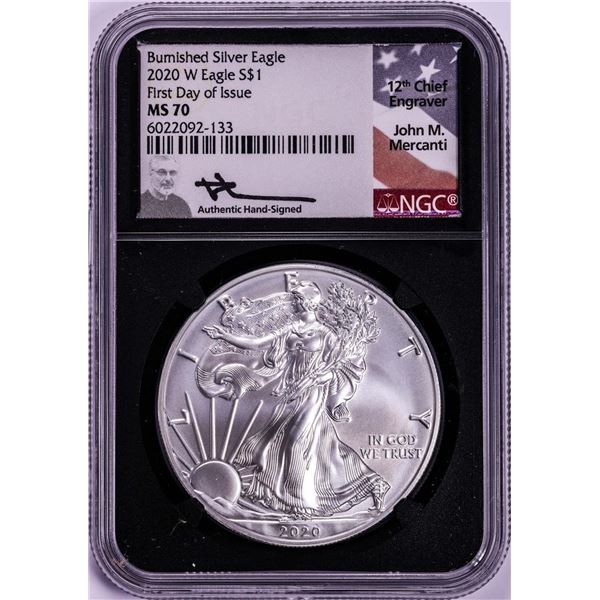 2020-W $1 Burnished American Silver Eagle Coin NGC MS70 Mercanti Signature