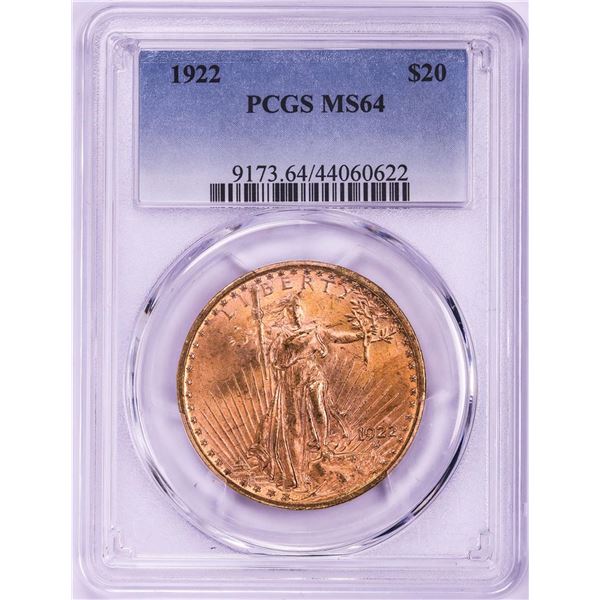 1922 $20 St. Gaudens Double Eagle Gold Coin PCGS MS64