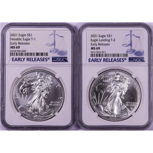 Lot of 2021 Type 1 & 2 $1 American Silver Eagle Coins NGC MS69 Early Releases