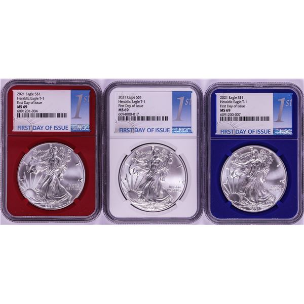 Lot of 2021 Type 1 $1 American Silver Eagle Coins NGC MS69 FDOI Red/White/Blue Core