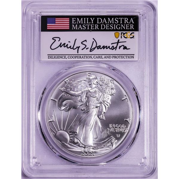 2021 Type 2 $1 American Silver Eagle Coin PCGS MS70 First Strike Damstra Signature