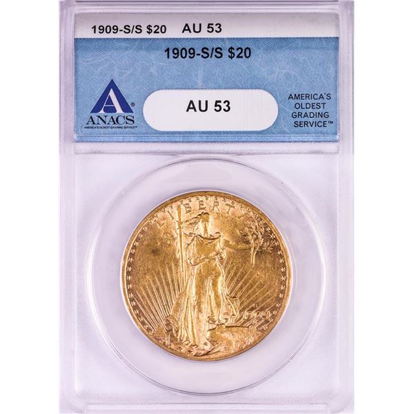 1909-S/S $20 St. Gaudens Double Eagle Gold Coin ANACS AU53