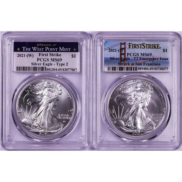 Lot of 2021-(S) & (W) Type 2 $1 American Silver Eagle Coins PCGS MS69 First Strike