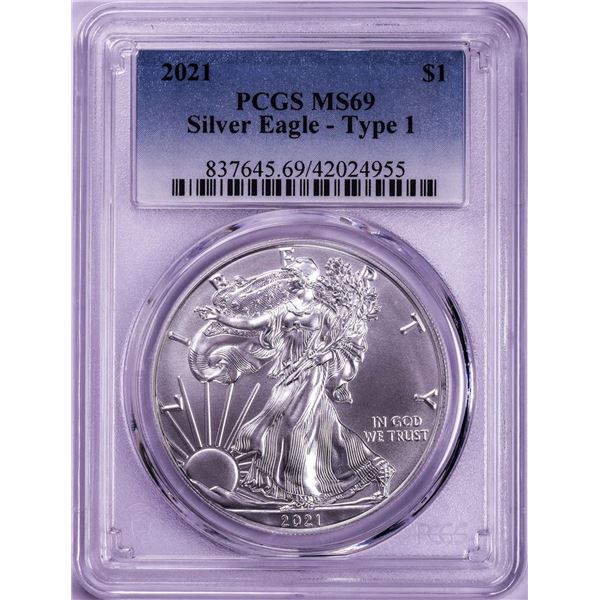 2021 Type 1 $1 American Silver Eagle Coin PCGS MS69