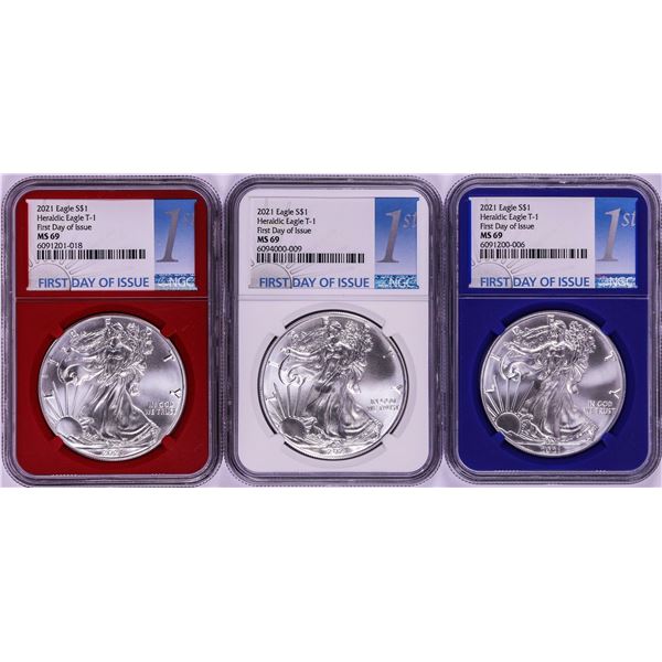 Lot of 2021 Type 1 $1 American Silver Eagle Coins NGC MS69 FDOI Red/White/Blue Core