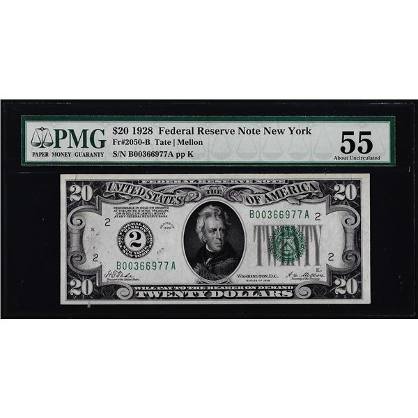 1928 $20 Federal Reserve Note New York Fr.2050-B PMG About Uncirculated 55