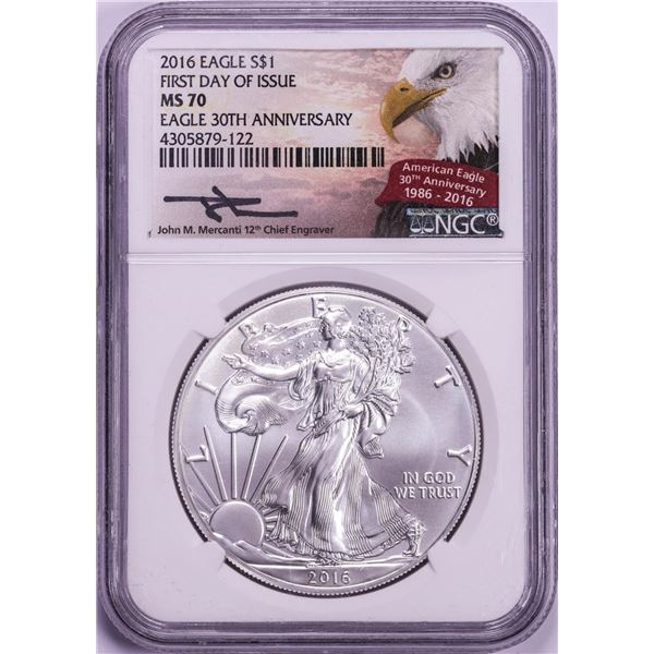 2016 $1 American Silver Eagle Coin NGC MS70 First Day of Issue Mercanti Signature