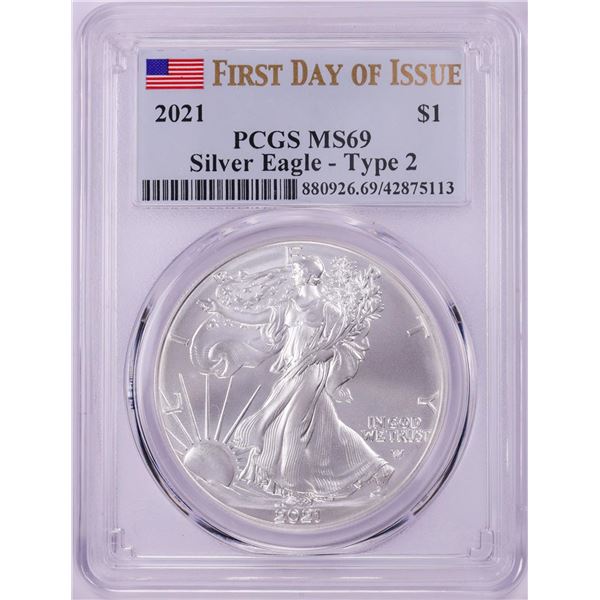 2021 Type 2 $1 American Silver Eagle Coin PCGS MS69 First Day of Issue