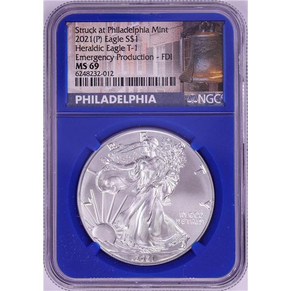 2021-(P) Type 1 $1 American Silver Eagle Coin NGC MS69 First Day Emergency Issue