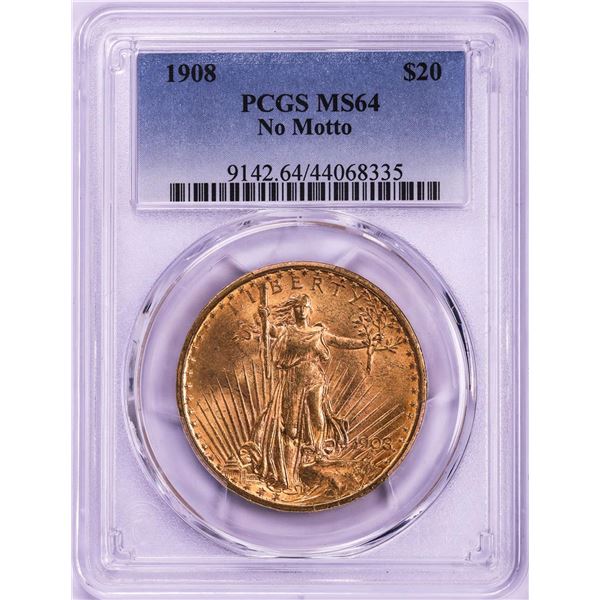 1908 No Motto $20 St. Gaudens Double Eagle Gold Coin PCGS MS64