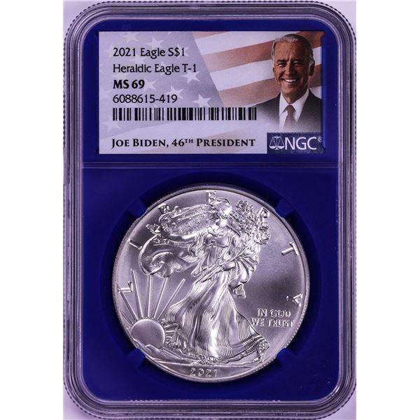 2021 Type 1 $1 American Silver Eagle Coin NGC MS69 Blue Core Biden Label