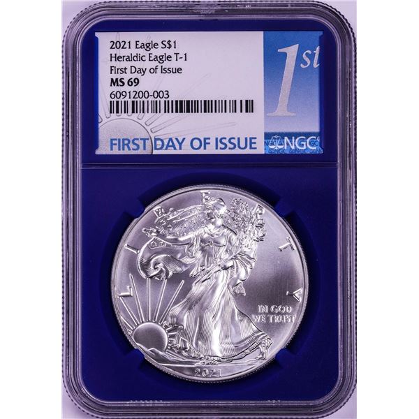 2021 Type 1 $1 American Silver Eagle Coin NGC MS69 First Day of Issue Blue Core
