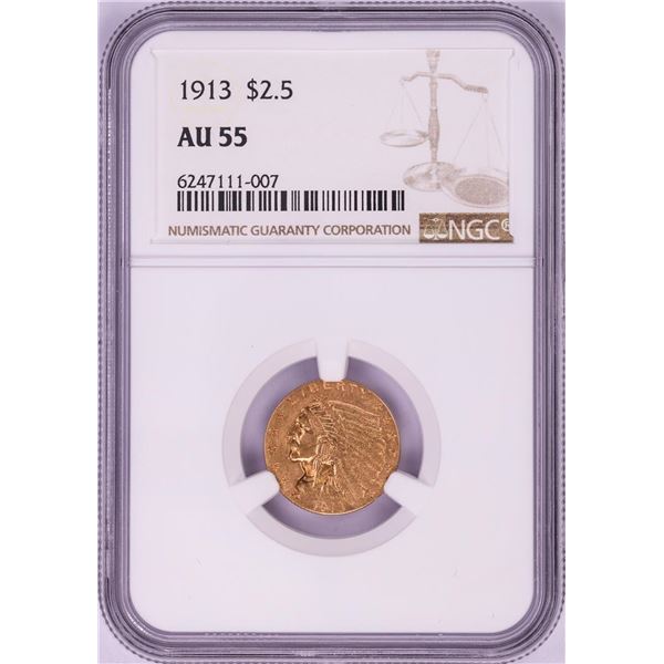 1913 $2 1/2 Indian Head Quarter Eagle Gold Coin NGC AU55