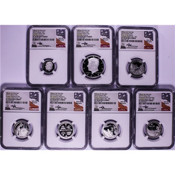 Lot of (7) 2019-S United States Proof Silver Coins NGC PF70 Mercanti Signature FDOI