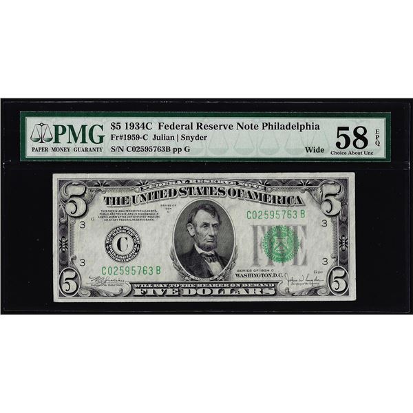 1934C $5 Federal Reserve Note Philadelphia Fr.1959-C PMG Choice About Unc. 58EPQ