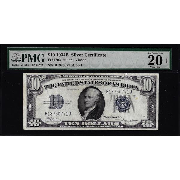 1934B $10 Silver Certificate Note Fr.1703 PMG Very Fine 20 NET