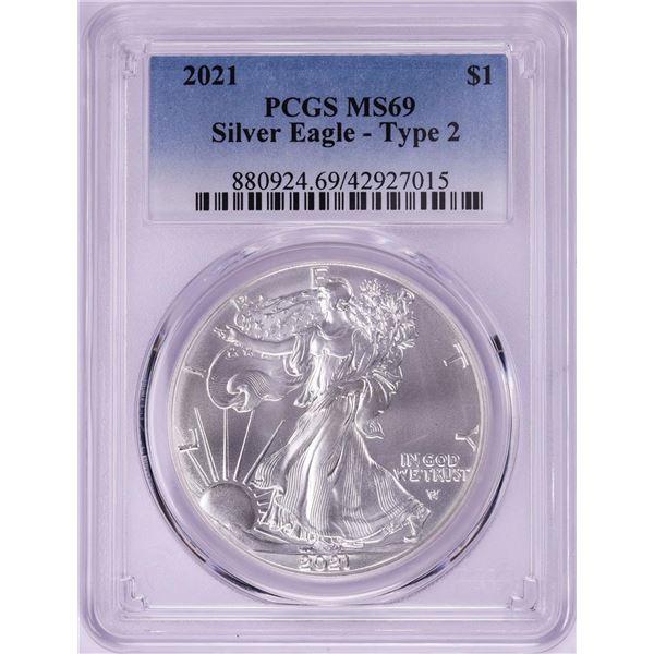 2021 Type 2 $1 American Silver Eagle Coin PCGS MS69