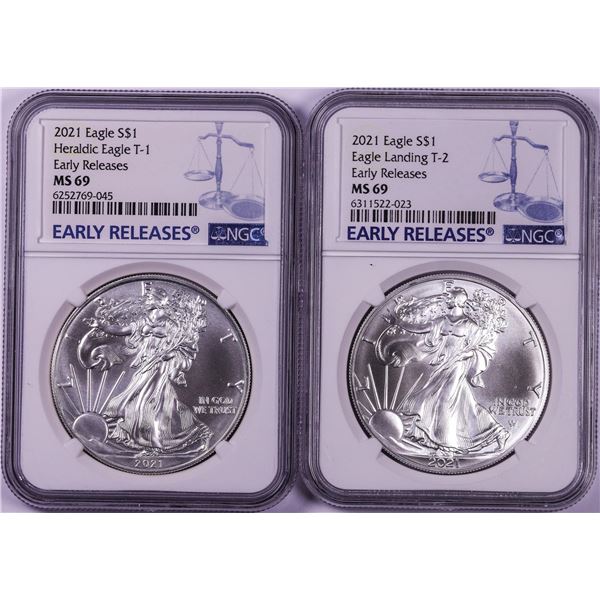 Lot of 2021 Type 1 & 2 $1 American Silver Eagle Coins NGC MS69 Early Releases
