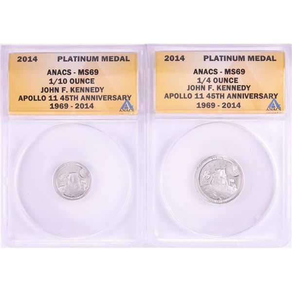 Set of 2014 Proof 1/10 & 1/4 oz Platinum JFK Apollo 11 Anniversary Medals ANACS MS69