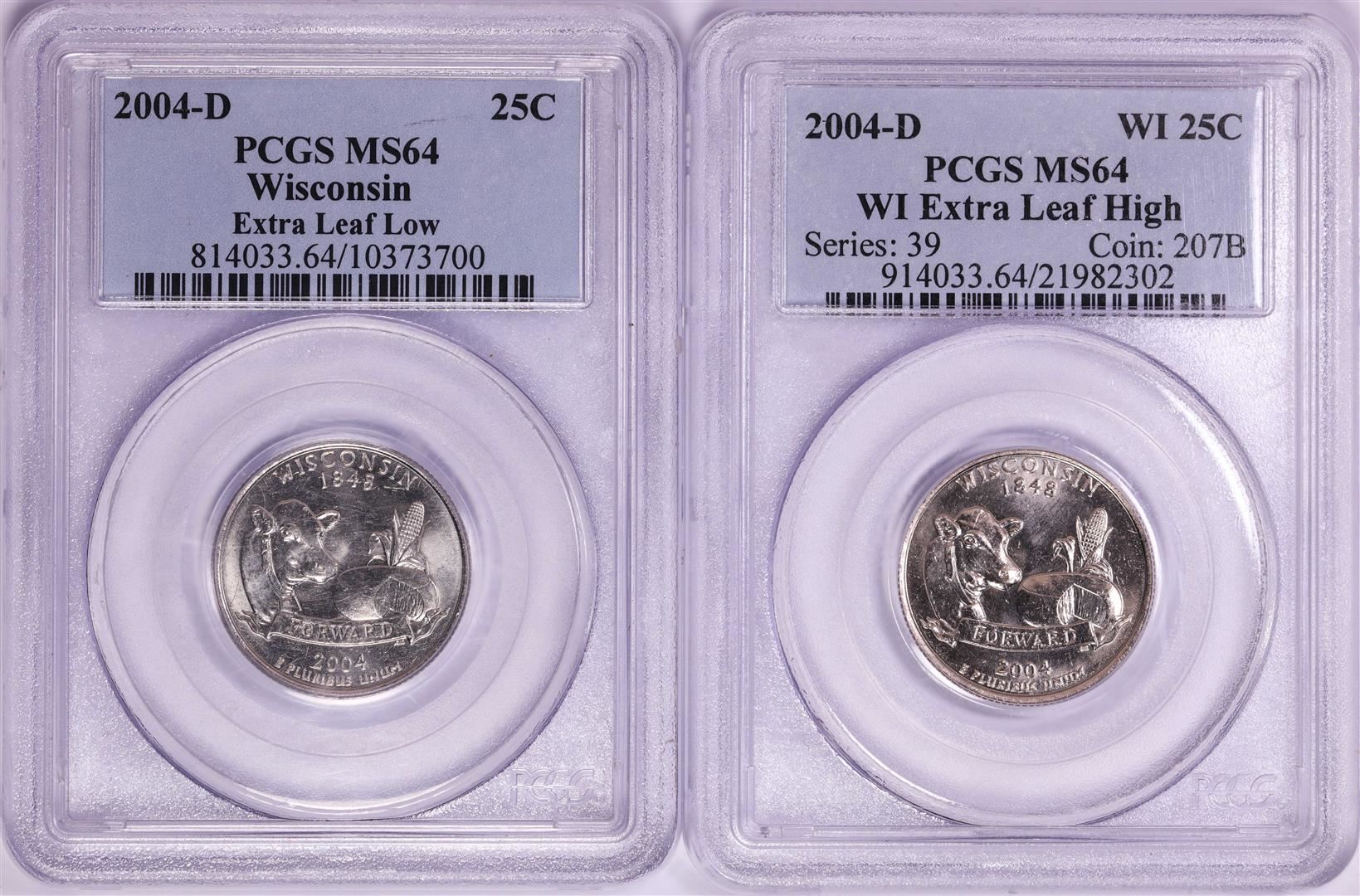 Set of 2004-D Wisconsin Extra Leaf Low & High Error Quarter Coins PCGS MS64