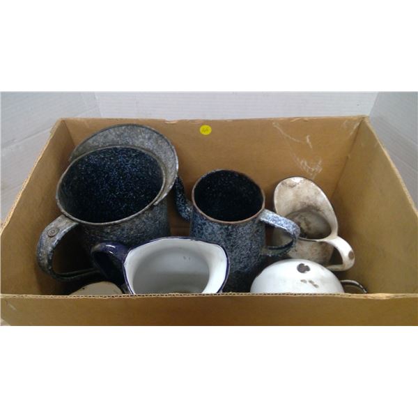 Box of assorted vintage pitchers and pots enamel and graniteware