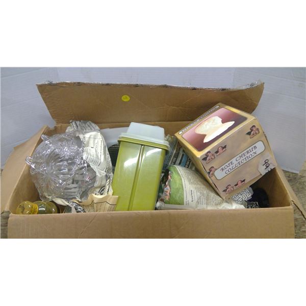 Box of housewares, glass bowls, electric knife