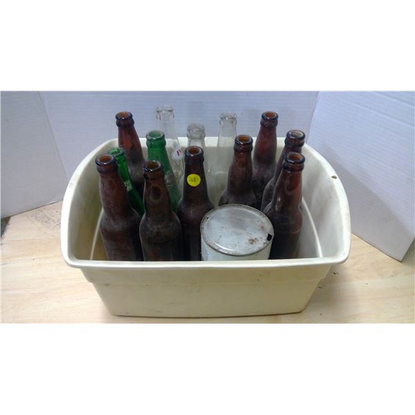 Plastic tub c/w 13 vintage bottles & 1 can