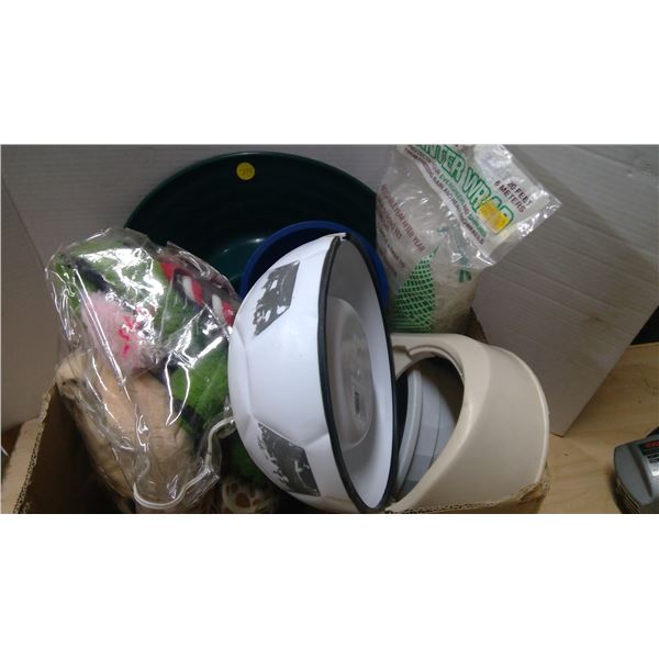 Box of misc. plastic bowls, winter plant wrap, toy