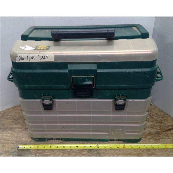 Plan guide tackle box with assorted hooks, hunting knife, fillet knife