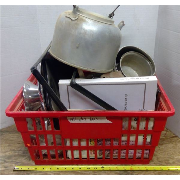 Red basket with misc. pots, cake plate, kettle, round picture frame