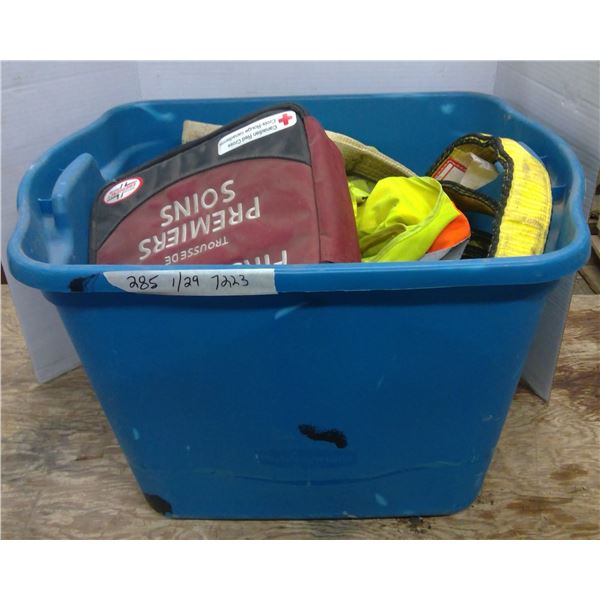 Blue tote c/w misc. safety equipment, tie down straps