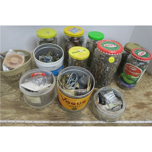 Jars of misc. Nails, Screws + Hardware
