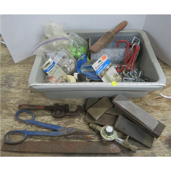 Tub of Whetstones, Tools, + Various Hardware