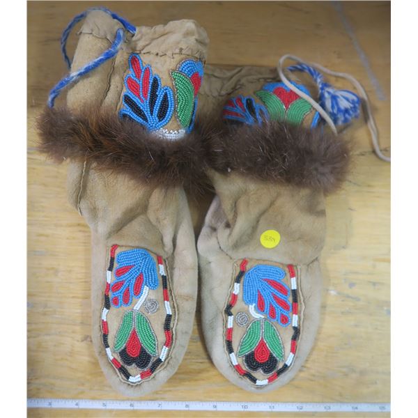Beaded Leather Moccasins w/ Fur Trim