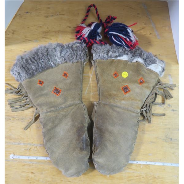 Beaded Leather Mittens w/ Fur Trim