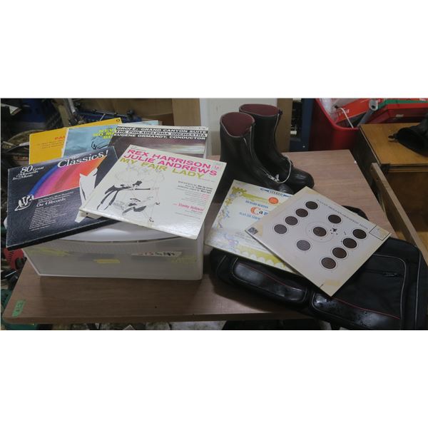Misc. Lot ( LP Records, Rubber Boots, Storage Drawer)