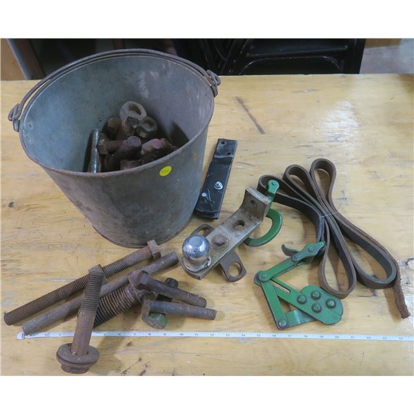 Galvanized Pail of large Bolts + 1 7/8" Ball Hitch, Etc.