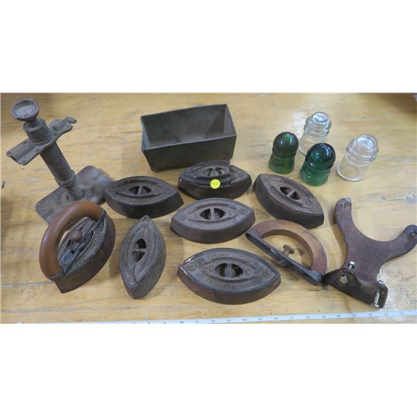 Vintage Irons, Glass Insulators, Etc.