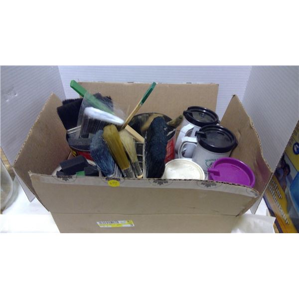 Box of assorted paint brushes, travel mugs