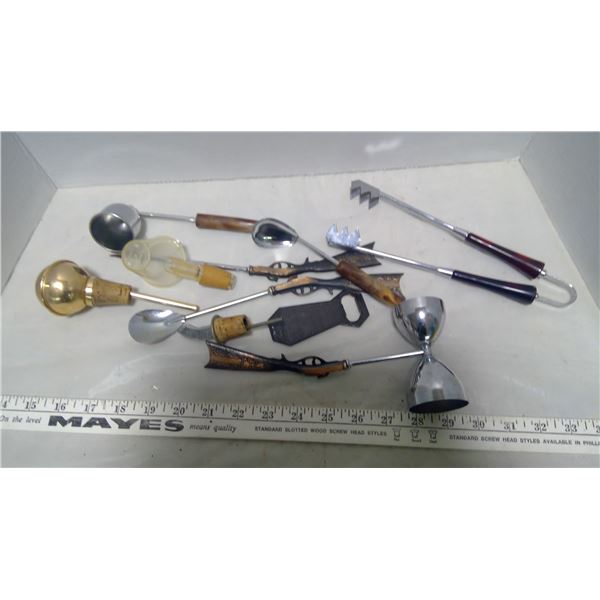 Bottle corks, candle snuffer, license plates, 2 Pyrex cook dishes