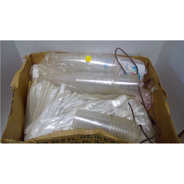 Box of plastic cups and cutlery, Styrofoam cups