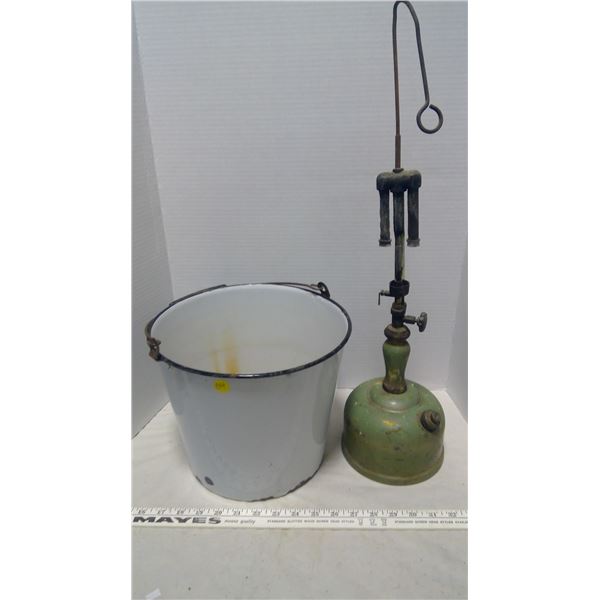 Coleman oil lantern, enamel pail