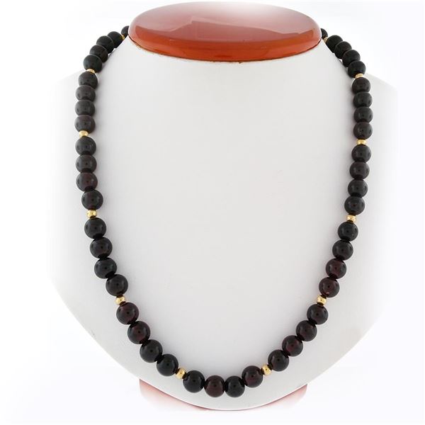 14k Gold Vintage 8.2mm Red Garnet & 3.9mm Gold Bead Strand 22" Necklace